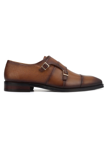Tan Textured Leather Double Monk Straps