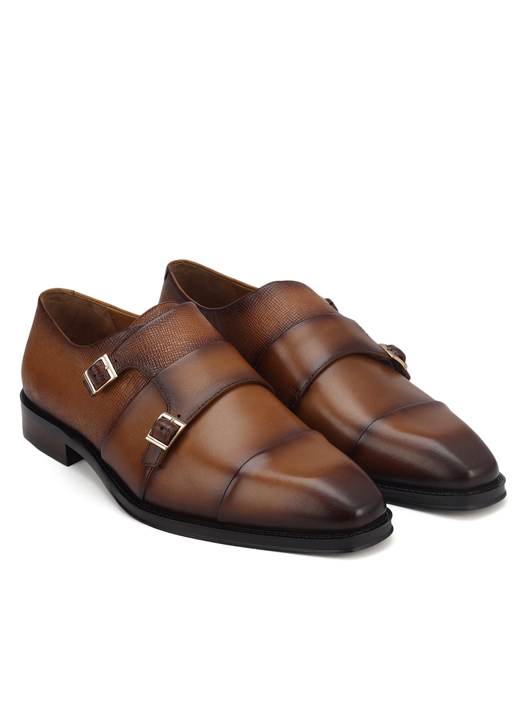 Tan Textured Leather Double Monk Straps