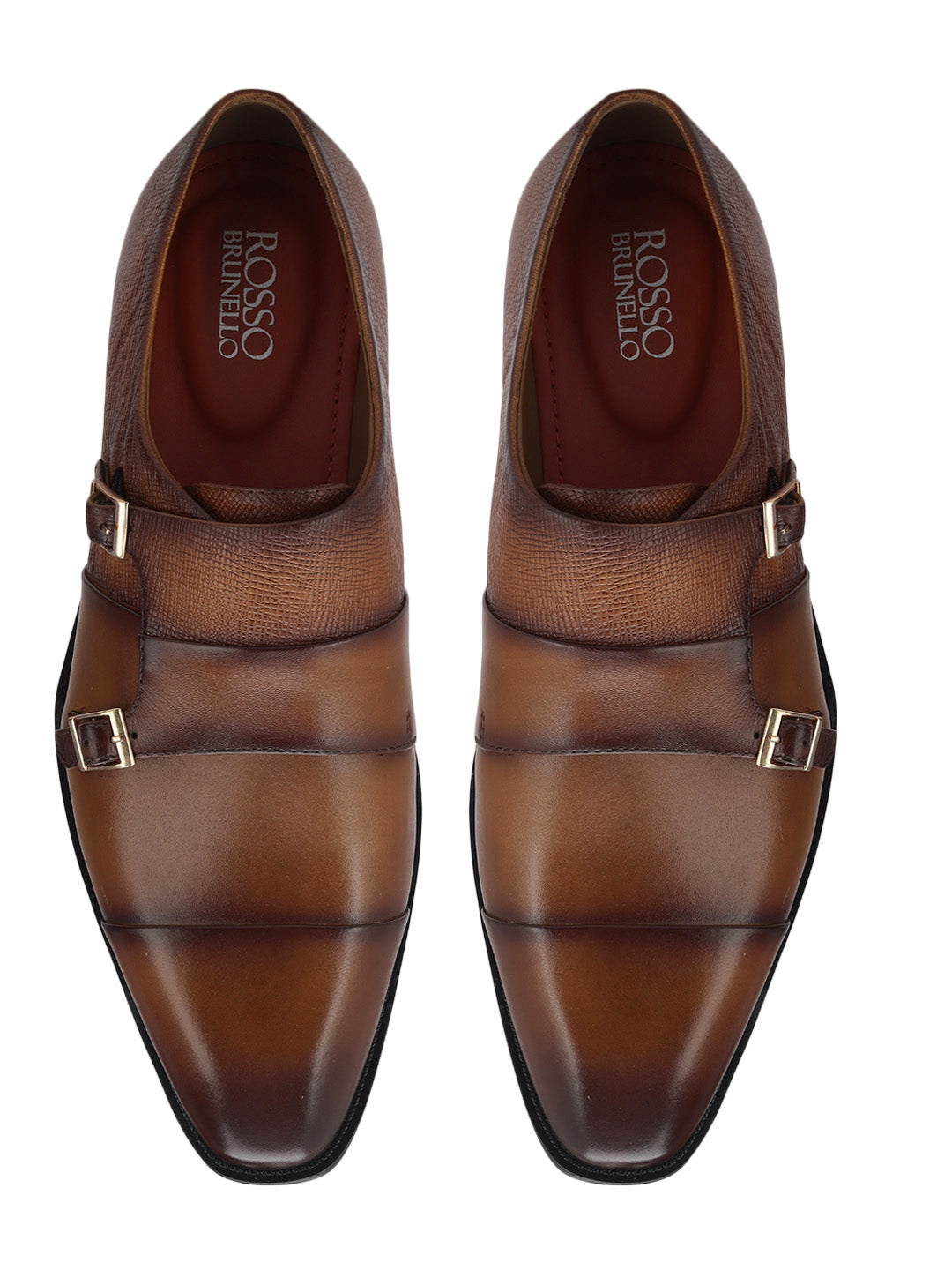 Tan Textured Leather Double Monk Straps