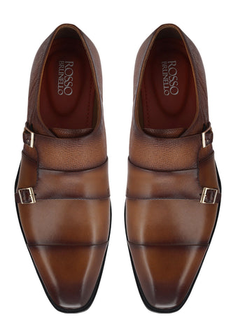 Tan Textured Leather Double Monk Straps