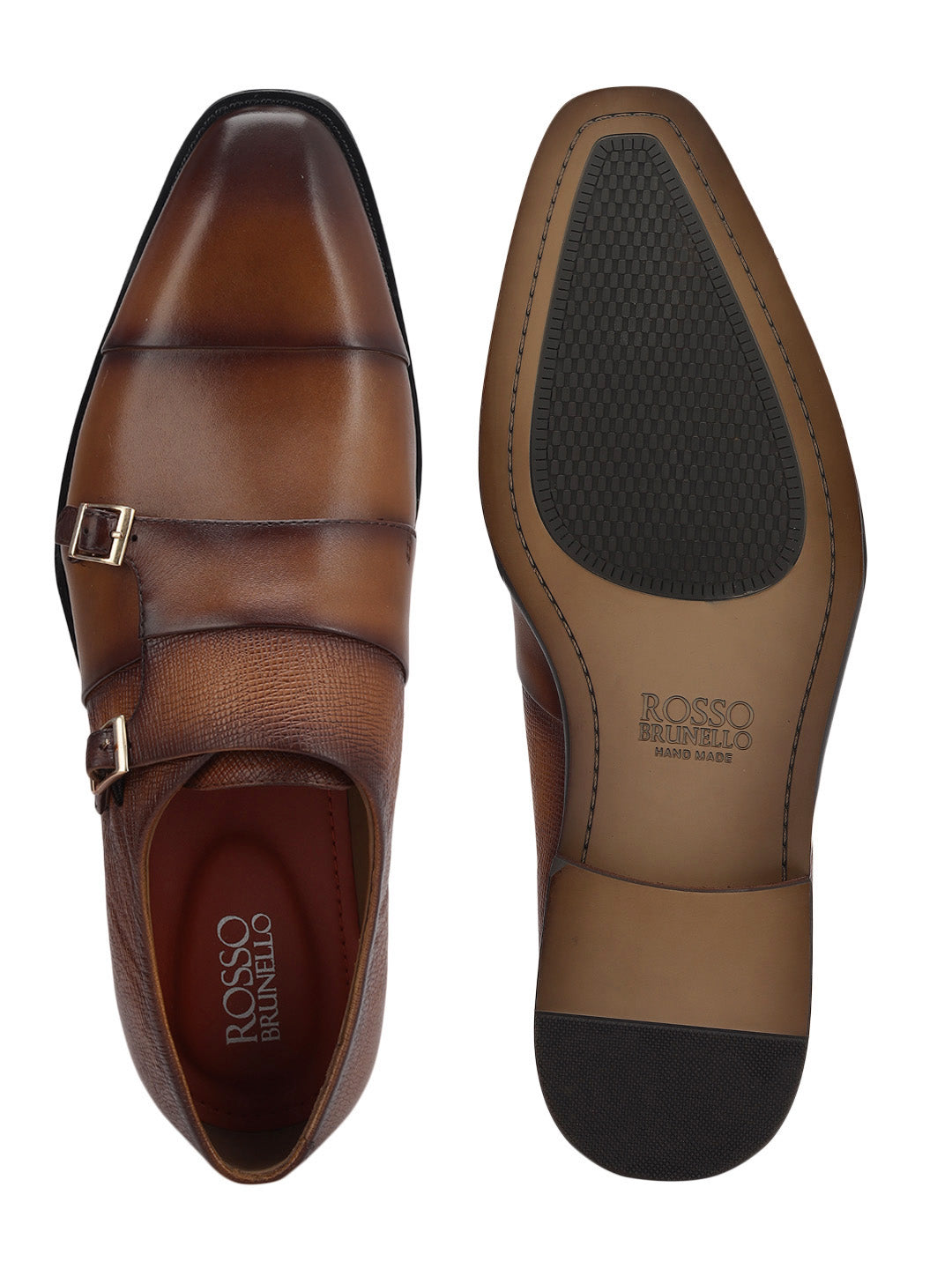 Tan Textured Leather Double Monk Straps