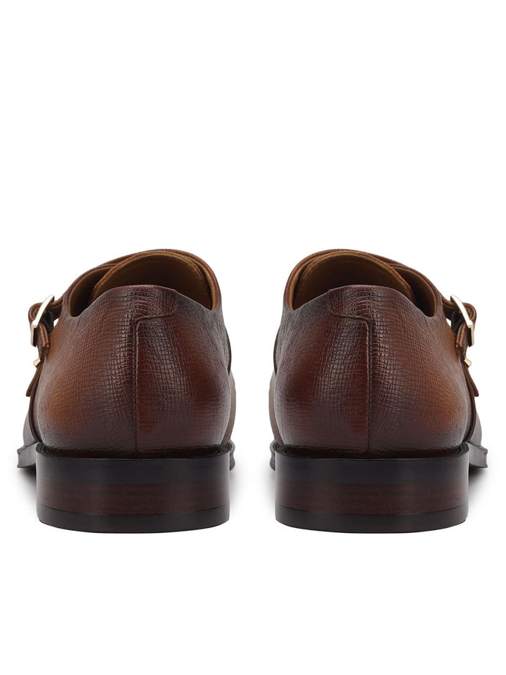 Tan Textured Leather Double Monk Straps