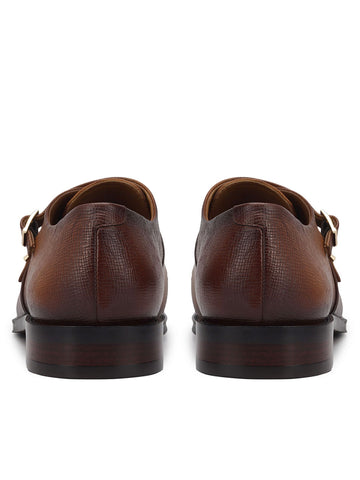 Tan Textured Leather Double Monk Straps