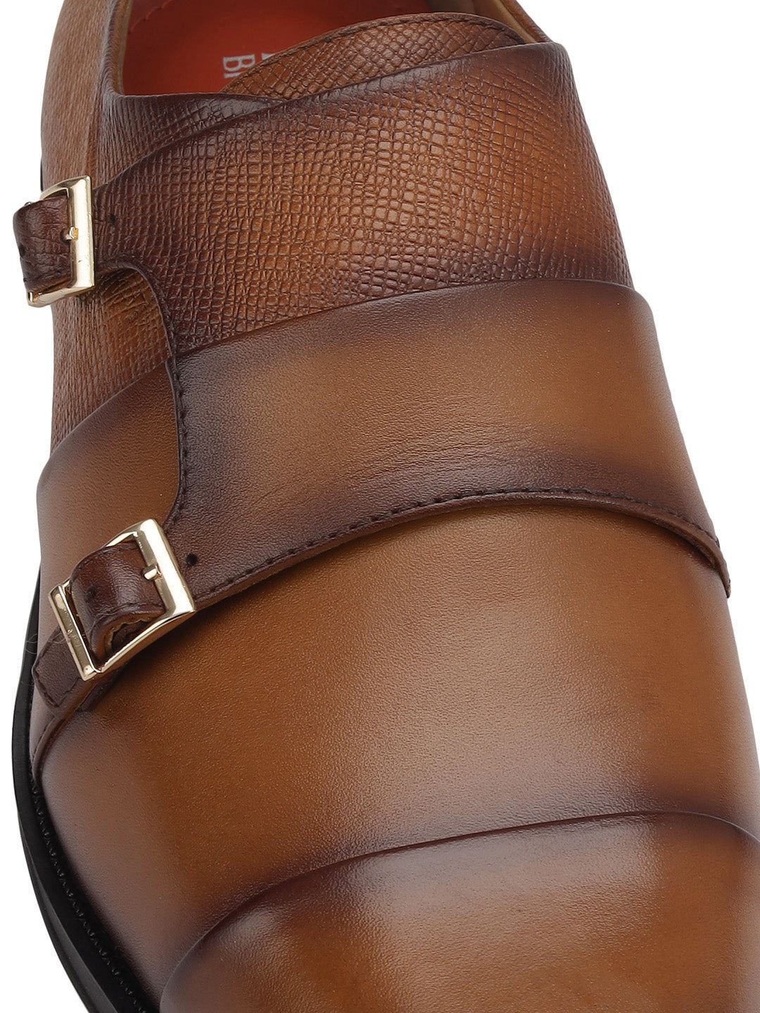 Tan Textured Leather Double Monk Straps
