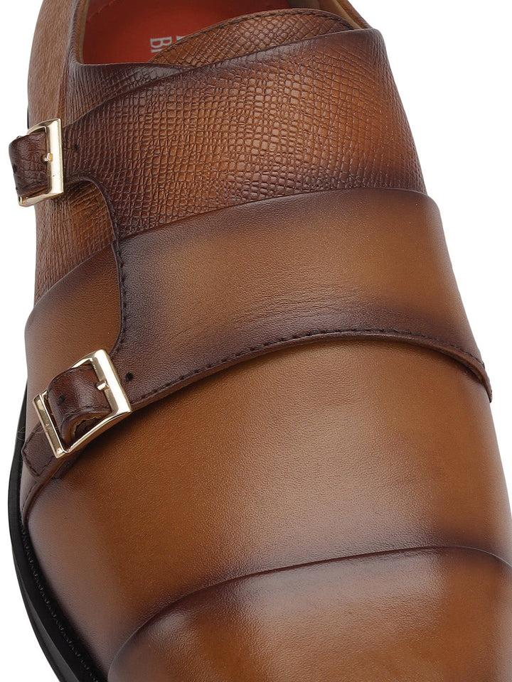 Tan Textured Leather Double Monk Straps