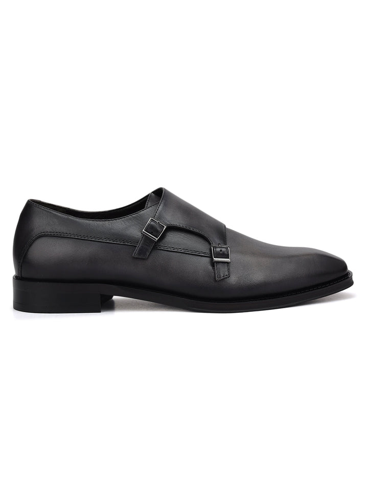 Grey Plain Leather Double Monk Straps