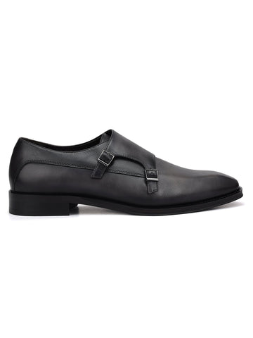 Grey Plain Leather Double Monk Straps