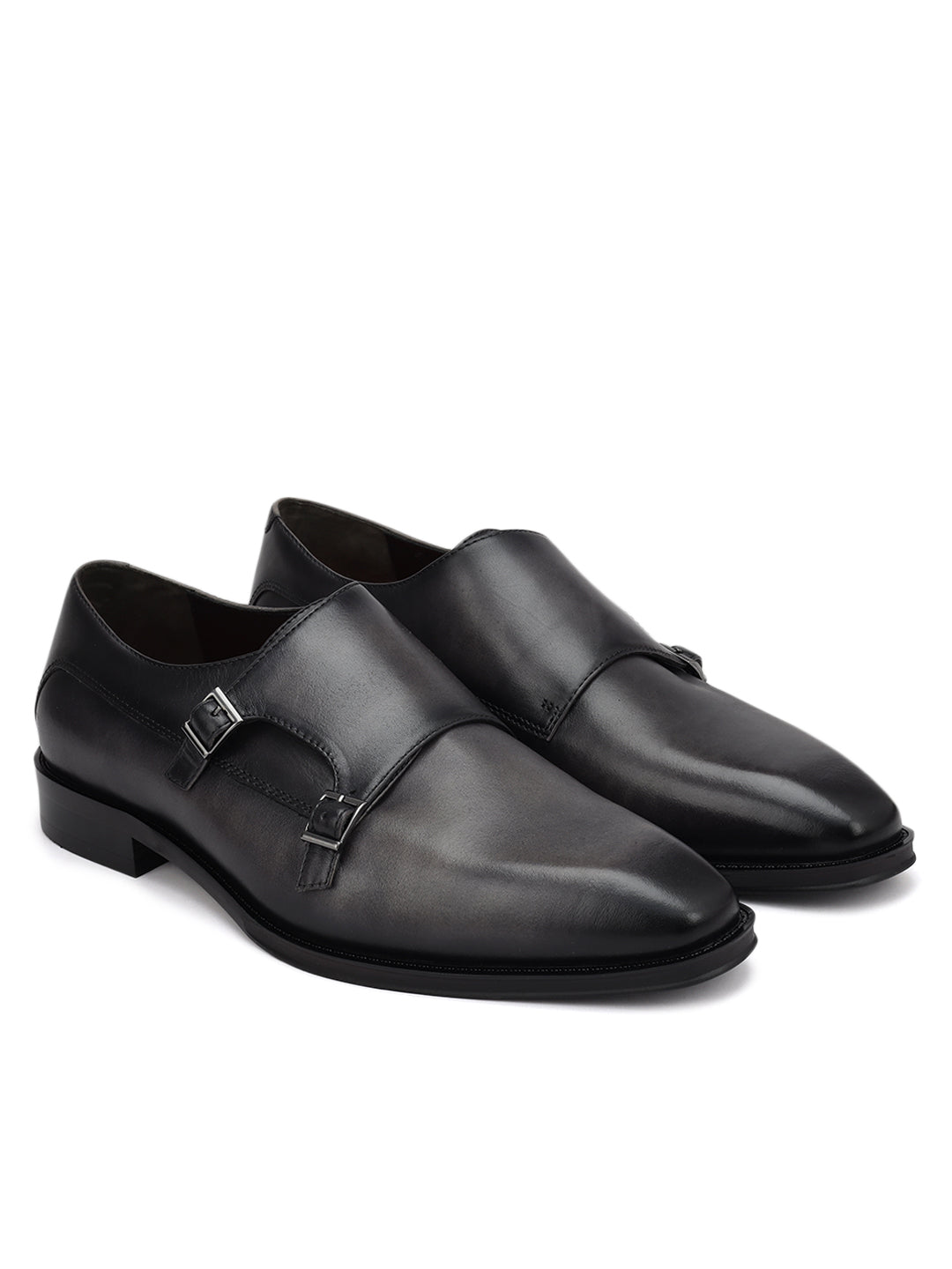 Grey Plain Leather Double Monk Straps