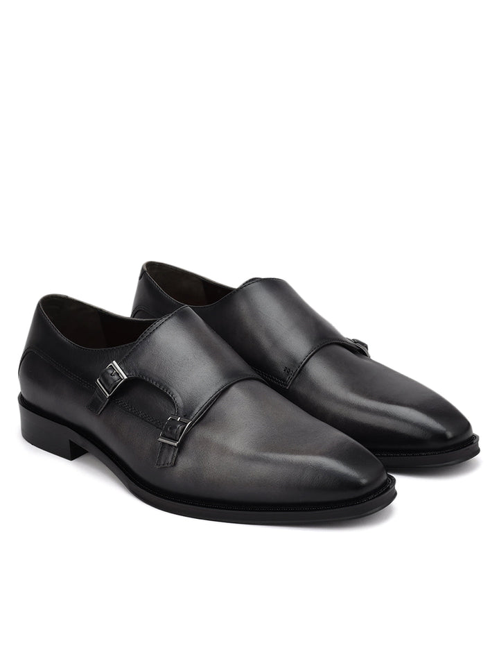 Grey Plain Leather Double Monk Straps