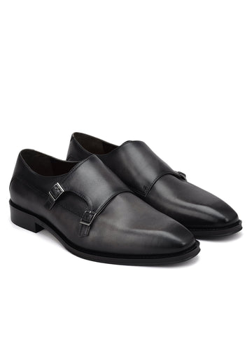 Grey Plain Leather Double Monk Straps