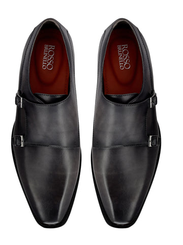 Grey Plain Leather Double Monk Straps