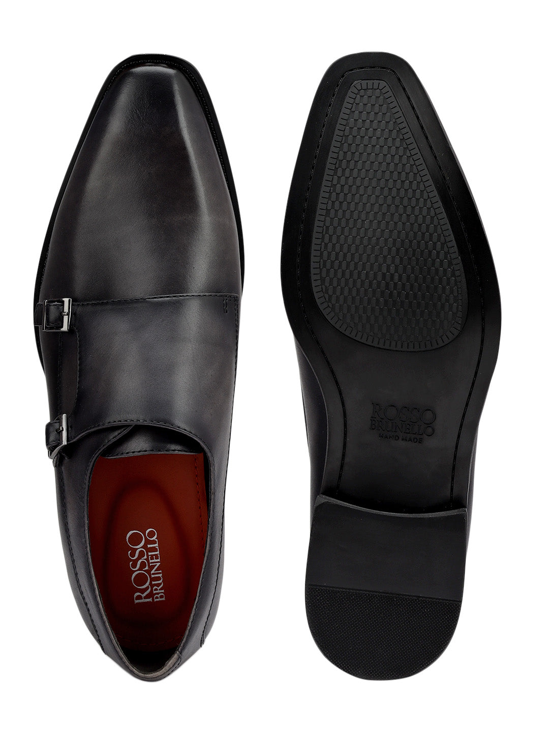 Grey Plain Leather Double Monk Straps