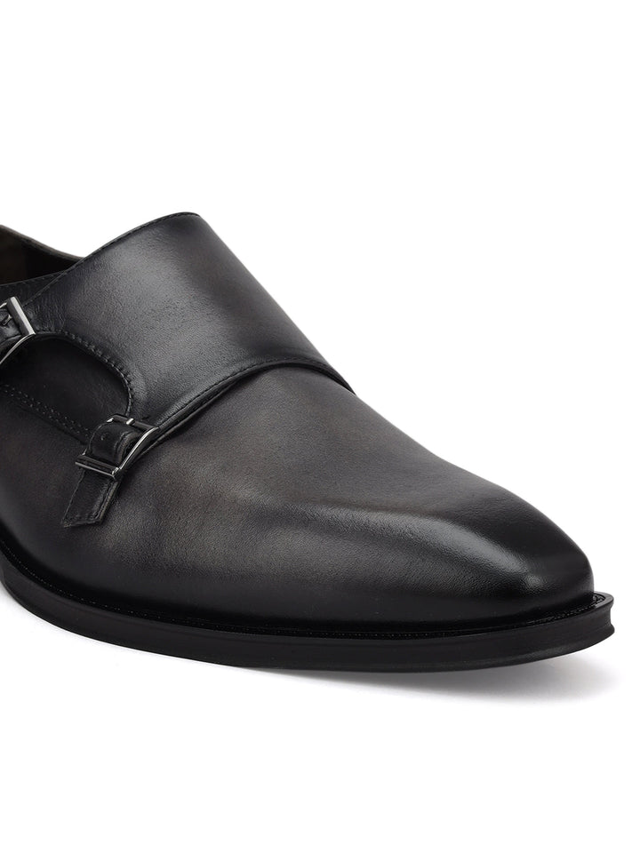 Grey Plain Leather Double Monk Straps