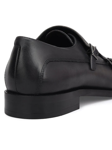 Grey Plain Leather Double Monk Straps