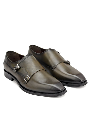 Green Plain Leather Double Monk Straps