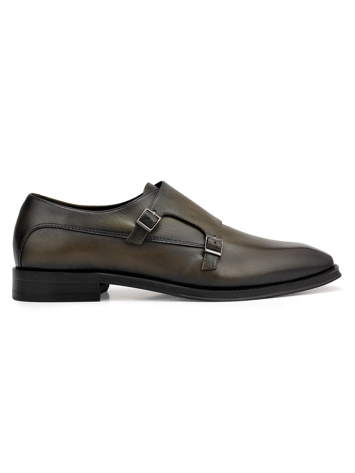 Green Plain Leather Double Monk Straps
