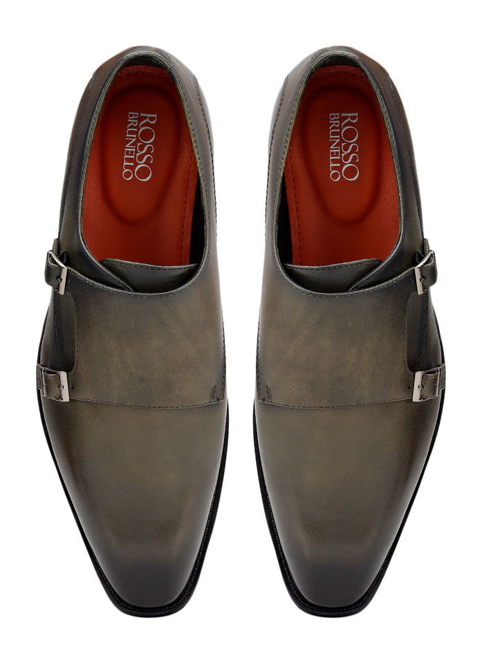 Green Plain Leather Double Monk Straps