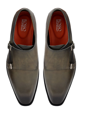 Green Plain Leather Double Monk Straps