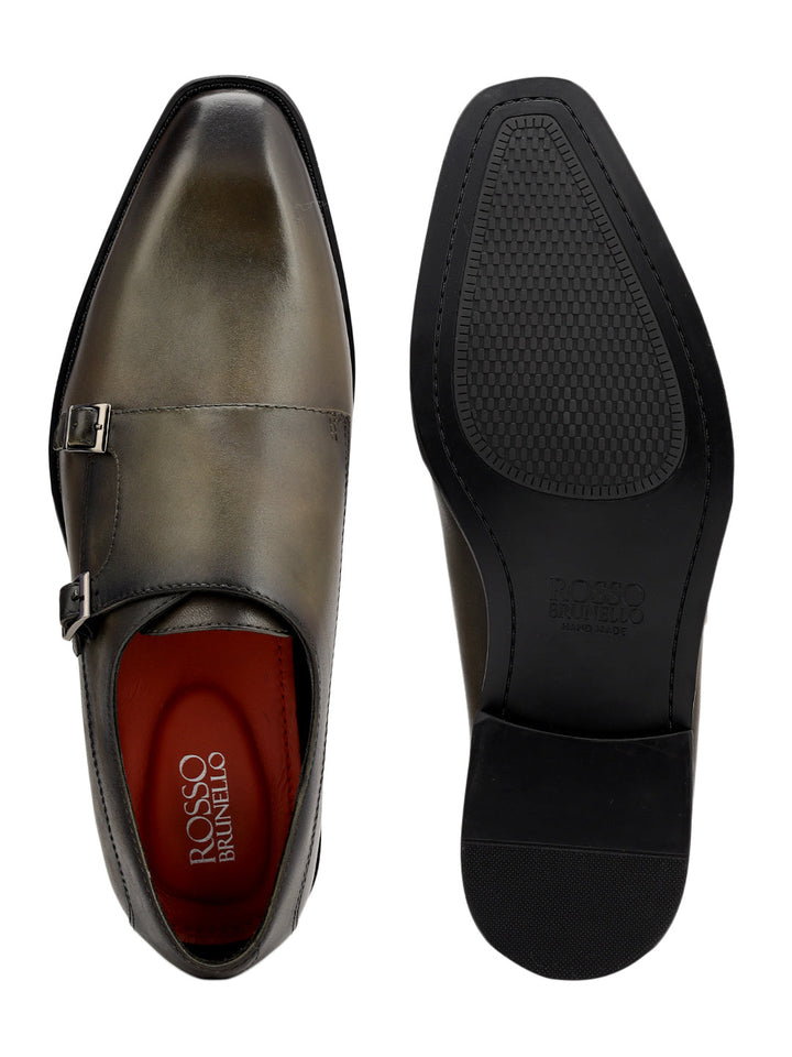 Green Plain Leather Double Monk Straps