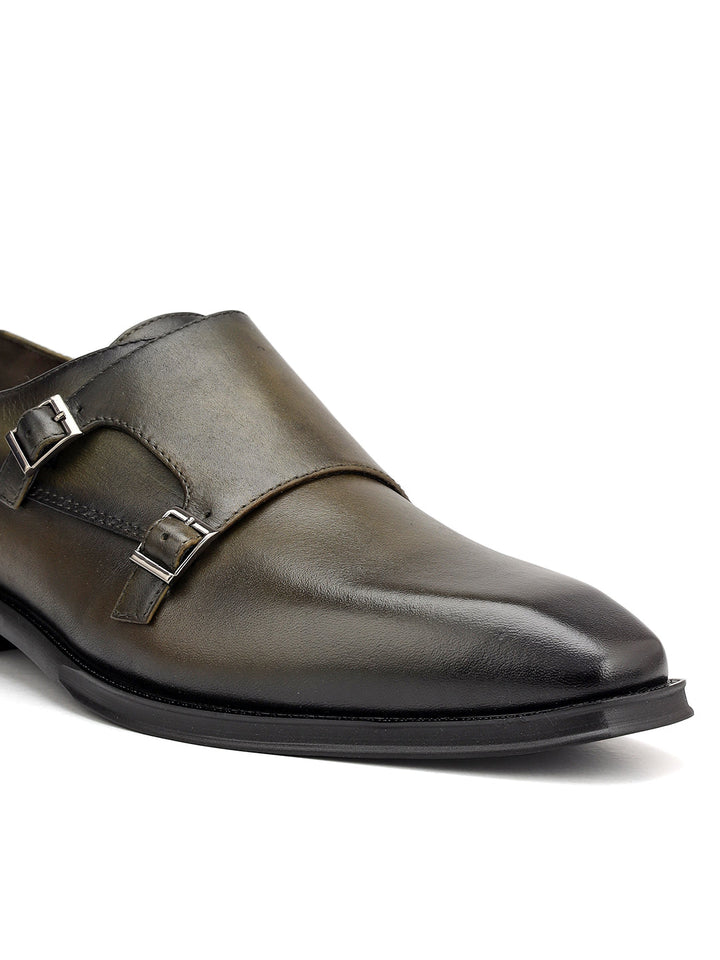Green Plain Leather Double Monk Straps