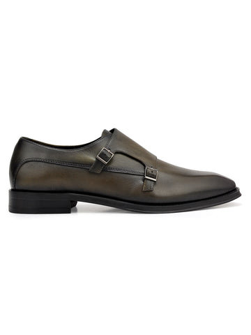 Green Plain Leather Double Monk Straps