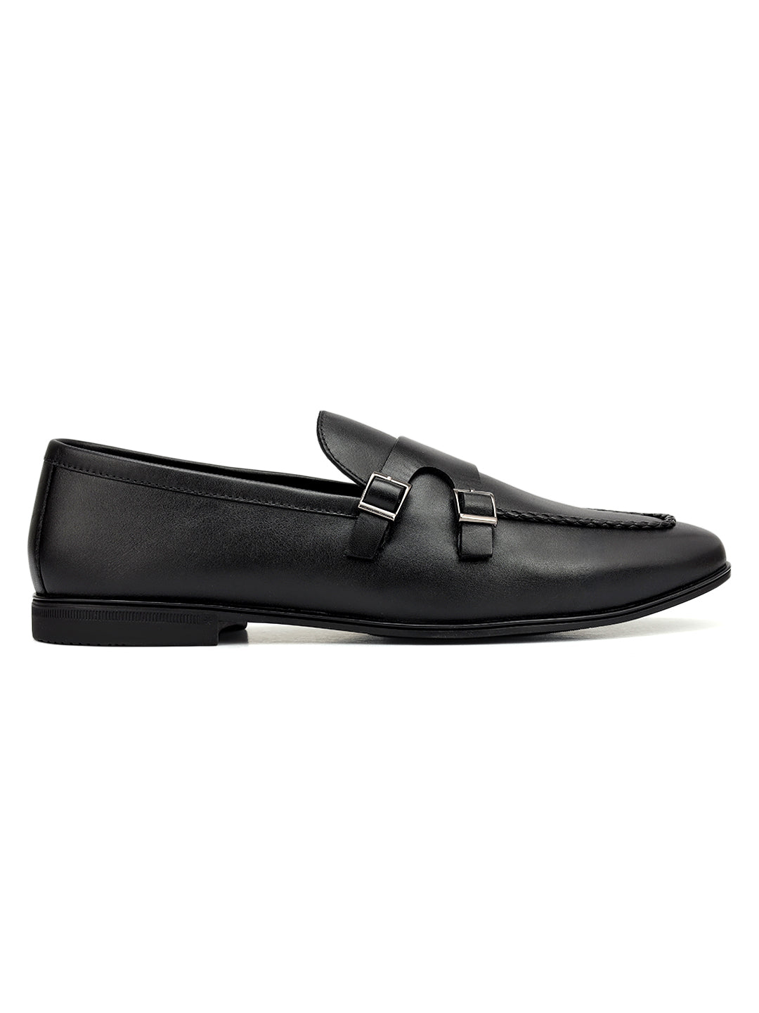 Black Plain Leather Double Monk Straps