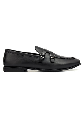 Black Plain Leather Double Monk Straps