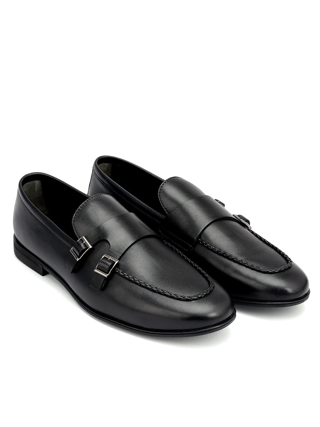 Black Plain Leather Double Monk Straps