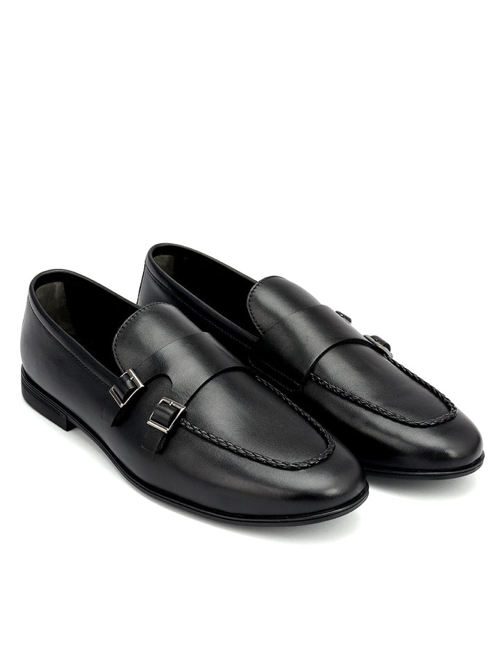 Black Plain Leather Double Monk Straps