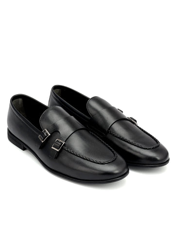 Black Plain Leather Double Monk Straps