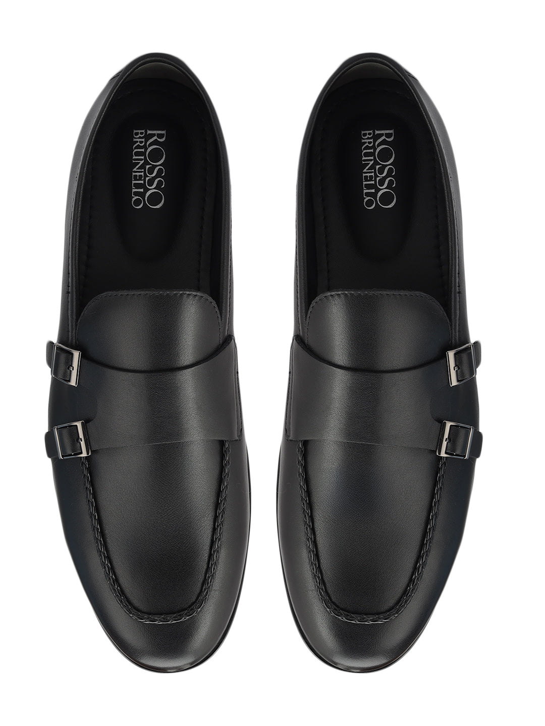 Black Plain Leather Double Monk Straps