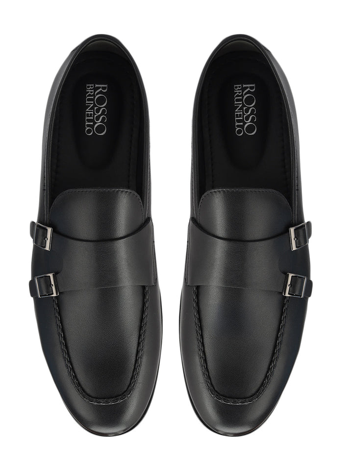 Black Plain Leather Double Monk Straps