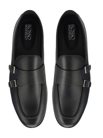 Black Plain Leather Double Monk Straps