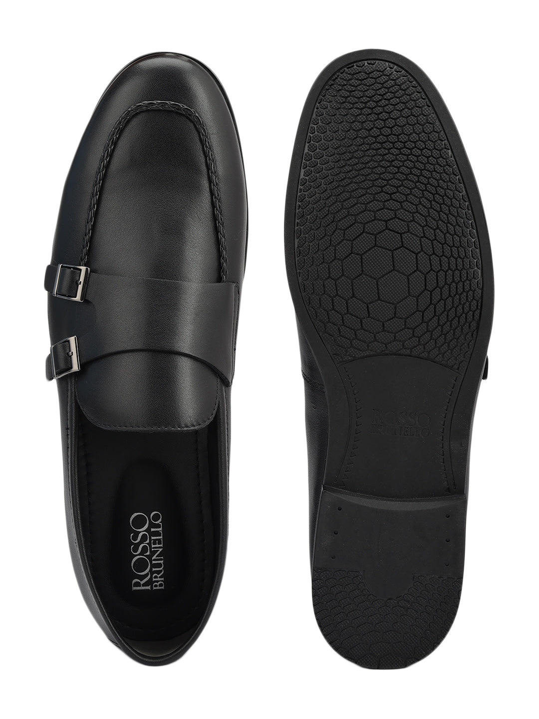 Black Plain Leather Double Monk Straps