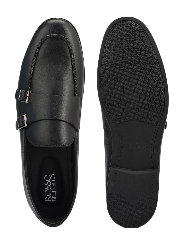 Black Plain Leather Double Monk Straps