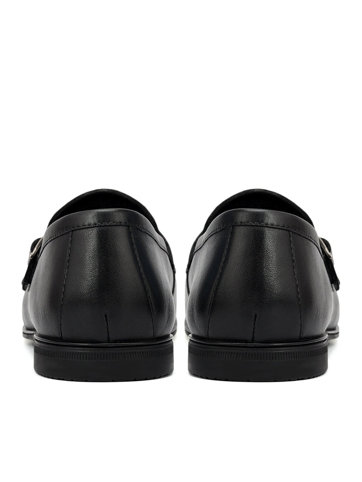 Black Plain Leather Double Monk Straps