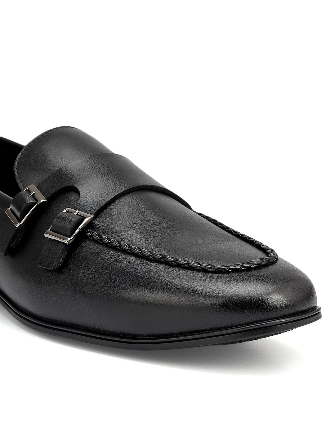Black Plain Leather Double Monk Straps