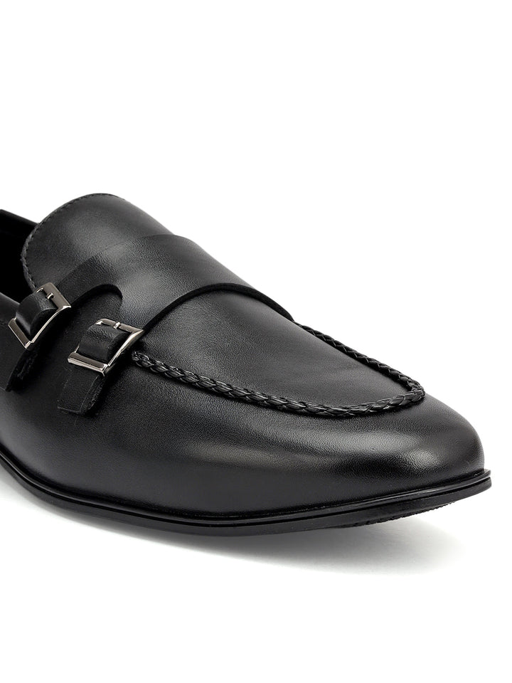 Black Plain Leather Double Monk Straps