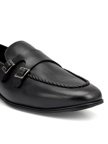 Black Plain Leather Double Monk Straps