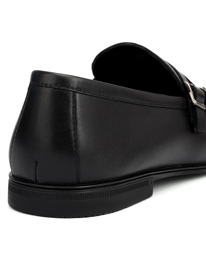 Black Plain Leather Double Monk Straps