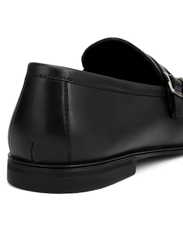 Black Plain Leather Double Monk Straps