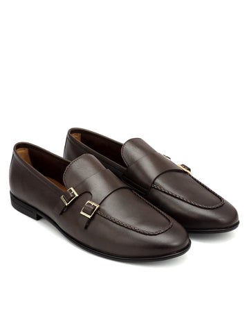 Brown Plain Leather Double Monk Straps