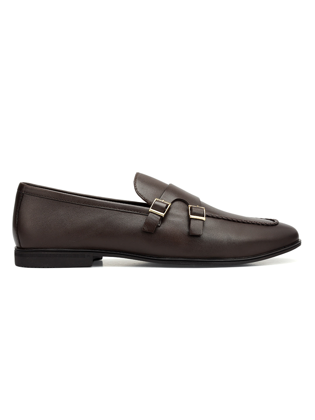 Brown Plain Leather Double Monk Straps
