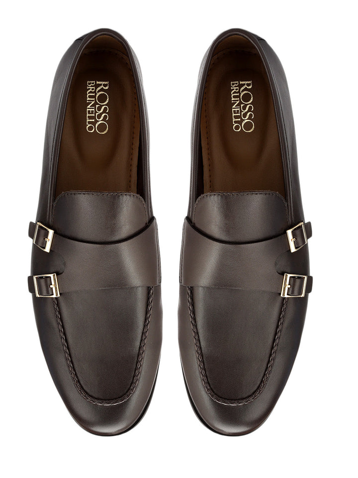 Brown Plain Leather Double Monk Straps