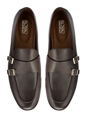 Brown Plain Leather Double Monk Straps