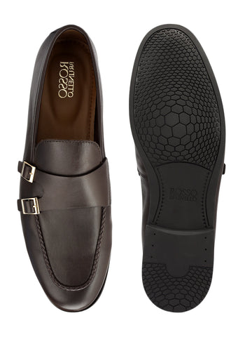 Brown Plain Leather Double Monk Straps