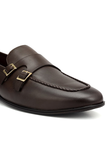 Brown Plain Leather Double Monk Straps