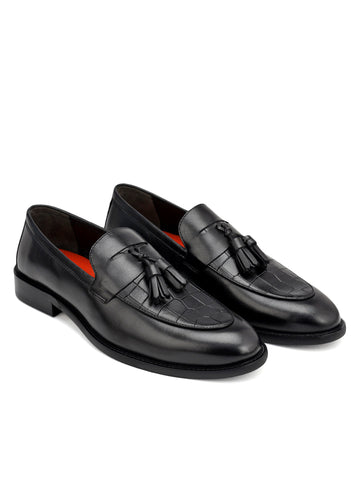 Black Croco Textured Loafers With Tassels