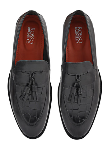 Black Croco Textured Loafers With Tassels