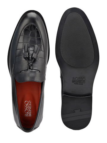 Black Croco Textured Loafers With Tassels